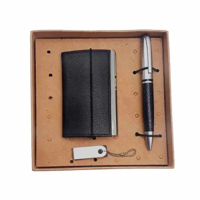 Kit 3 peças contendo porta cartão, pen drive com capacidade de 4gb e caneta metal em embalagem kr...