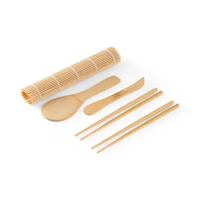 Kit para sushi em bambu com tapete, 2 pares de hashi, 1 colher e 1 faca em bambu