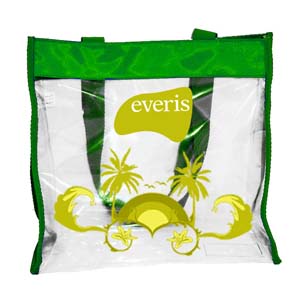 Bolsa sacola confeccionada em material plástico, com impressão personalizada.