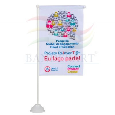 Estandartes de mesa promocionais personalizados confeccionados no tecido Duralon® 100% poliéster,