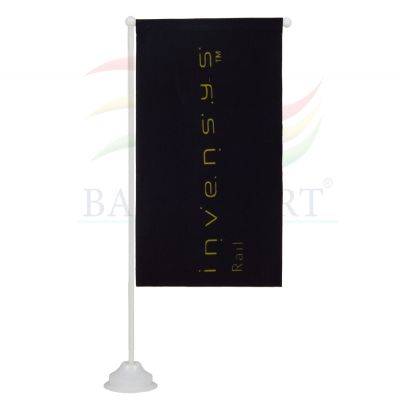 Estandarte de mesa promocional personalizado confeccionado no tecido Duralon® 100% poliéster.