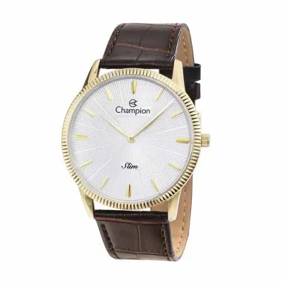 Relógio de pulso, caixa em aço, pulseira de couro na cor marrom