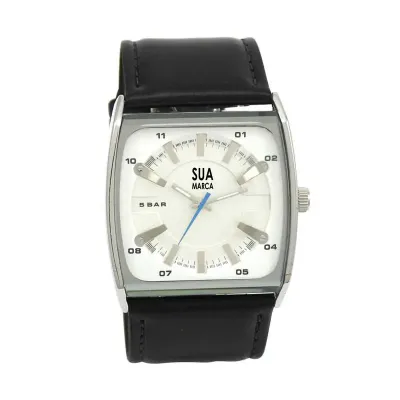 Relógio de pulso com mostrador branco e uma cor de gravação.