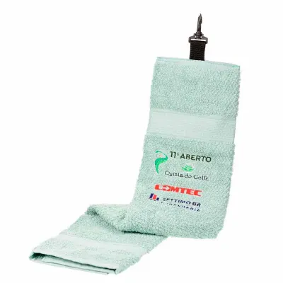 Toalha de golfe, ideal pra limpeza de taco e bolinha, 100% algodão, logo bordado, mosquetão pra p...