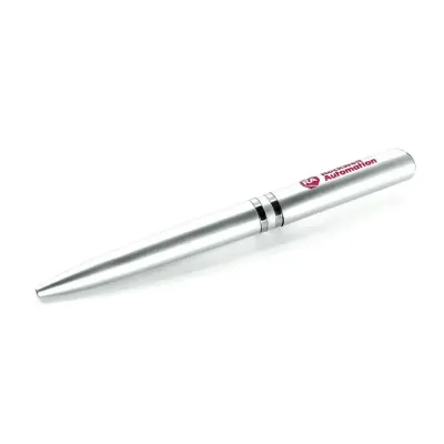 Caneta plástica com carga esferográfica azul e acionamento por rotação