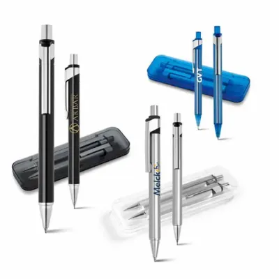Conjunto de caneta e lapiseira em alumínio em várias cores