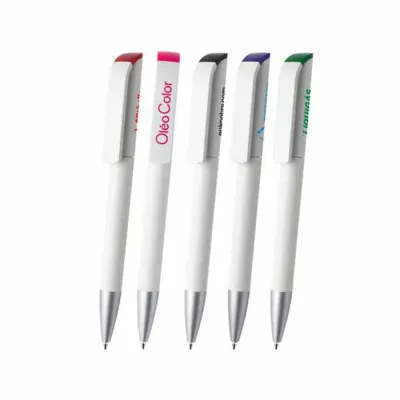 Caneta Plástica com ponteira prata personalizada